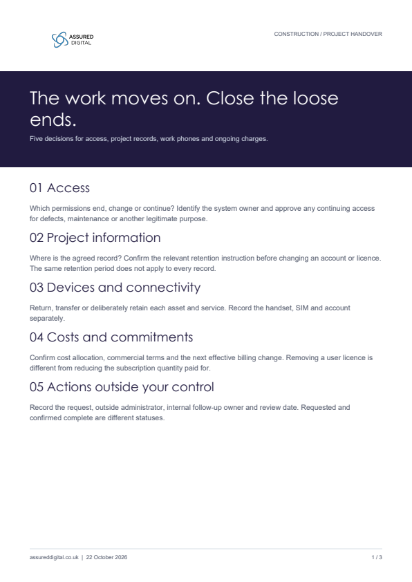 Cover of the Assured Digital project closeout guide and action register